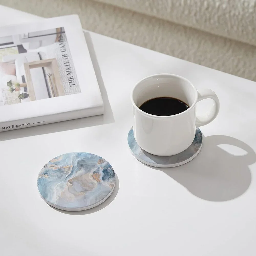 Set of 6 Abstract Blue Marble Coasters with Holder, Absorbent Ceramic Coasters f